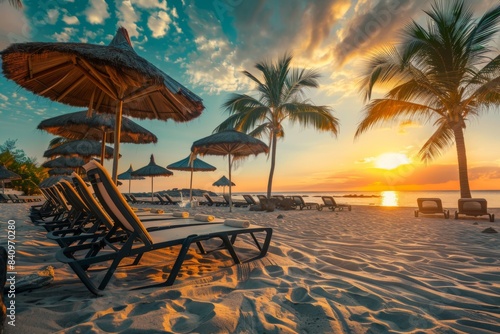 Chairs and umbrellas on the beach at sunset create a tranquil setting