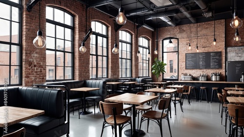 Industrial Chic Coffee Shop with Exposed Brick and Large Windows