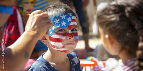 Boy Getting Face Painted with American Flag Design on 4th of July Independence Day photo