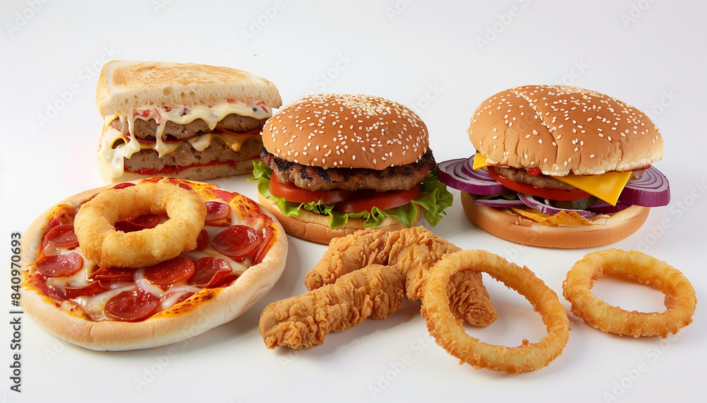Collection Of Fast Food Items Isolated On White Background: Onion Rings, Sandwich, Fried Chicken, Pizza Slice, Hamburger. Closeup Abstract Of Various Delicious Foods. Collection Of Fast Food Items Isolated On White Background: Onion Rings, Sandwich, Fried Chicken, Pizza Slice, Hamburger. Closeup Abstract Of Various Delicious Foods.