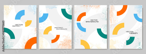 Vector illustration. Abstract vibrant color background set. Cool bright wallpapers with semi circle shapes and halftone dots. Design elements for book cover, brochure, magazine, flyer, booklet