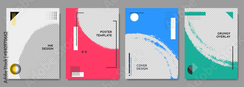 Vector illustration. Graffiti grainy abstract color circle frame set with memphis geometric elements. Design for poster, invitation, gift card, coupon, book cover, photography overlay, web banner.