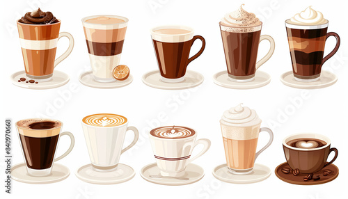 Wallpaper Mural Different Types Of Coffee Cups Set: Cappuccino, Black Coffee, Choco Latte, And Hot Chocolate. Assorted Coffee Drinks Collection Set On White Background. Torontodigital.ca