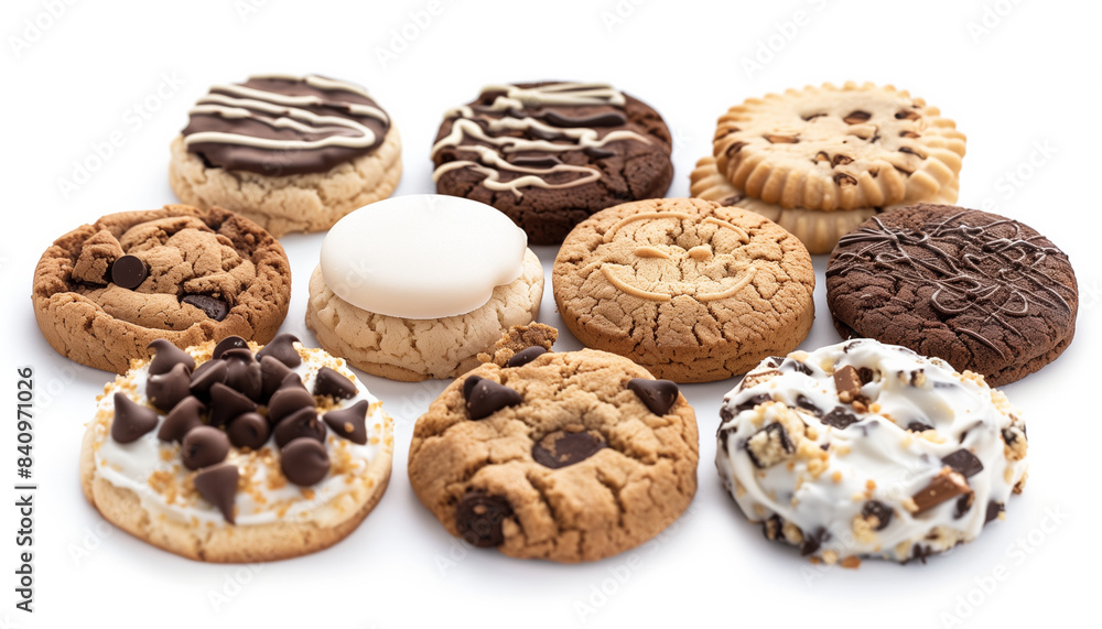 Assortment Of Cookies Isolated On White Background: Chocolate Chip, Sugar Cookies, Butter Cookies In Closeup Collection. Various Biscuit Varieties Displayed.