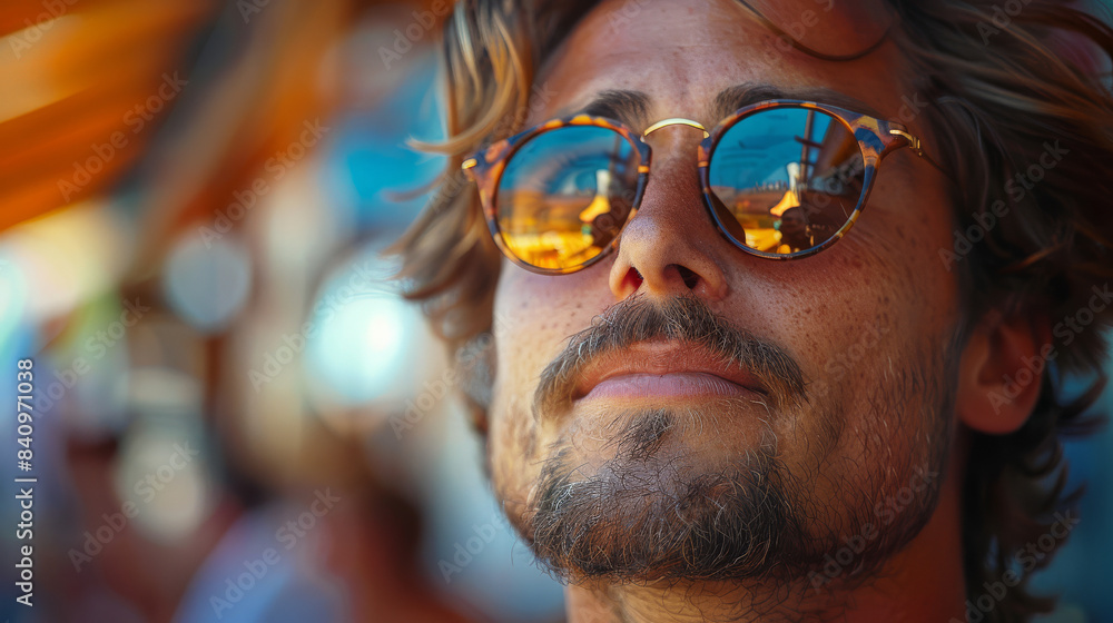 a young man wearing super cool sunglasses in th summer on the streets created with Generative AI technology a young man wearing super cool sunglasses in th summer on the streets created with Generative AI technology