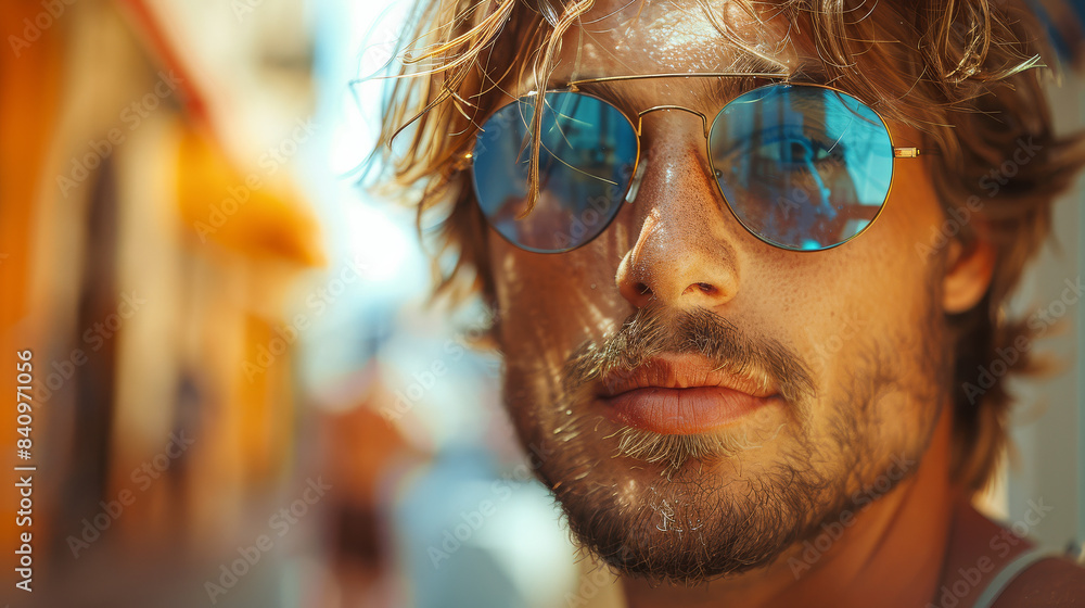 a young man wearing super cool sunglasses in th summer on the streets created with Generative AI technology a young man wearing super cool sunglasses in th summer on the streets created with Generative AI technology