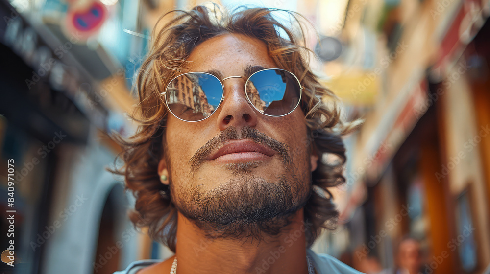 a young man wearing super cool sunglasses in th summer on the streets created with Generative AI technology a young man wearing super cool sunglasses in th summer on the streets created with Generative AI technology