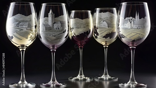 Elegant Wine Glasses with Etched Vineyard and Château Designs