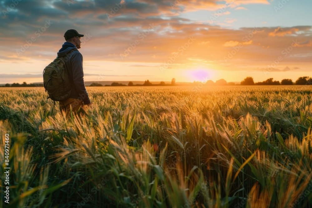 Fototapeta premium Adventurous man standing in field watching majestic sunset travel experience warm glow beauty nature trip solitude explore discovery landmark peaceful scenic landscape traveler horizon outdoor journey