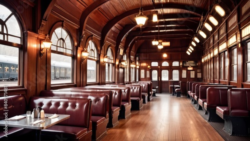 Historic Train Car Restaurant with Classic Booth Seating and Warm Lighting © giovanni