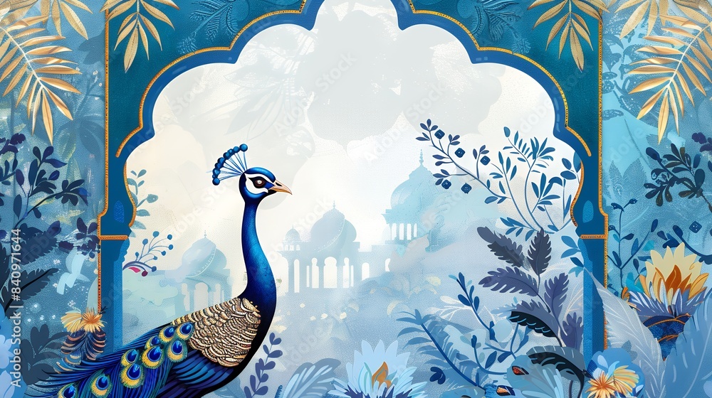 Mughal decorative garden arch peacock pattern frame with elephant and ...