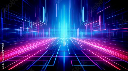 Futuristic neon lightscape with glowing lines and vibrant colors creating a high-tech virtual reality environment.