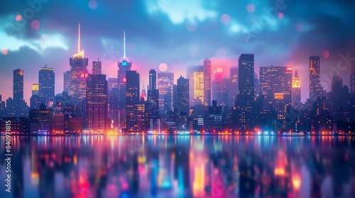 As twilight upon the cityscape, soft focus lights paint a dreamy glow across the skyline, transforming the urban landscape into a mesmerizing tapestry of hues