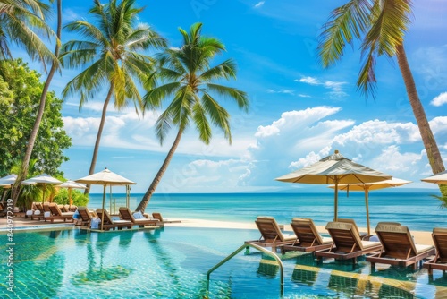 Swimming pool with chairs and umbrellas on tropical beach