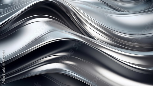 Metallic fluid abstract design showcasing smooth, reflective waves in silver tones, perfect for modern and futuristic backgrounds.