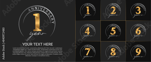 anniversary logotype set vector, gold color with silver circle for special day celebration
