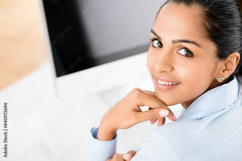 Computer, portrait and smile with woman lawyer in office for legal representation at court or trial. Consulting, information or research and face of happy attorney in law firm for administration Computer, portrait and smile with woman lawyer in office for legal representation at court or trial. Consulting, information or research and face of happy attorney in law firm for administration