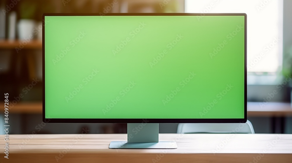 Modern desktop monitor with blank green screen on wooden desk in bright office environment. Ideal for design and marketing presentations. Modern desktop monitor with blank green screen on wooden desk in bright office environment. Ideal for design and marketing presentations.