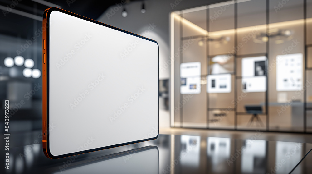 A modern digital presentation screen mockup with a blank display is positioned in a sleek and minimalist office setting. A modern digital presentation screen mockup with a blank display is positioned in a sleek and minimalist office setting.