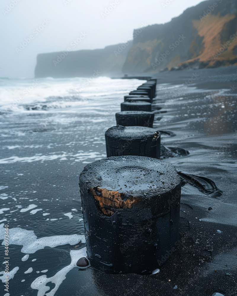 black concrete seawall defense on a black sand beach created with Generative AI technology black concrete seawall defense on a black sand beach created with Generative AI technology
