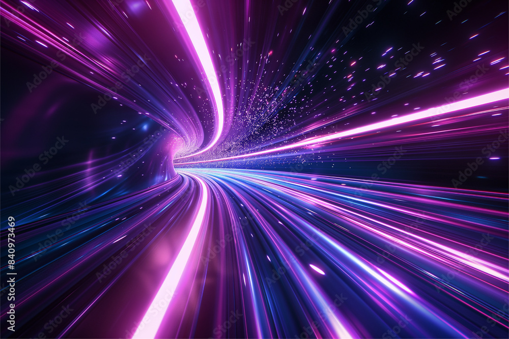 Blue purple light line through dark background, hyper speed warp in space Blue purple light line through dark background, hyper speed warp in space