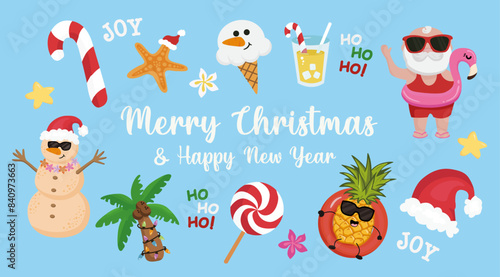 Summer Christmas elements. Christmas on the beach. 