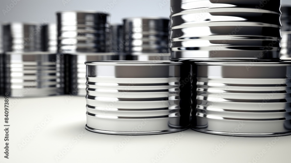 Rows of shiny metallic tin cans arranged on a flat surface, creating an industrial and minimalist aesthetic with a reflective surface. Rows of shiny metallic tin cans arranged on a flat surface, creating an industrial and minimalist aesthetic with a reflective surface.