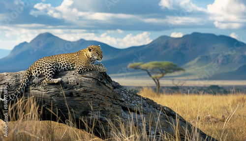 Leopard resting on an old tree trunk in the savannah. Concept of wildlife and nature by AI generated image