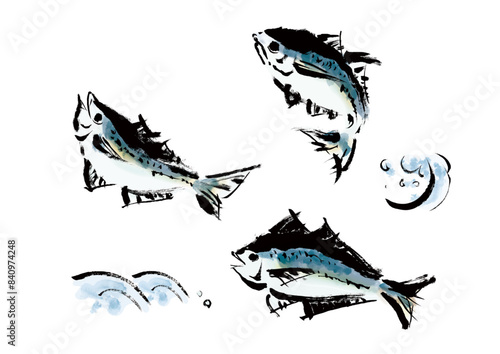 魚の鯵（アジ）の手書き和風筆イラスト素材セット