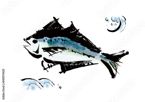 魚の鯵（アジ）の手書き和風筆イラスト素材