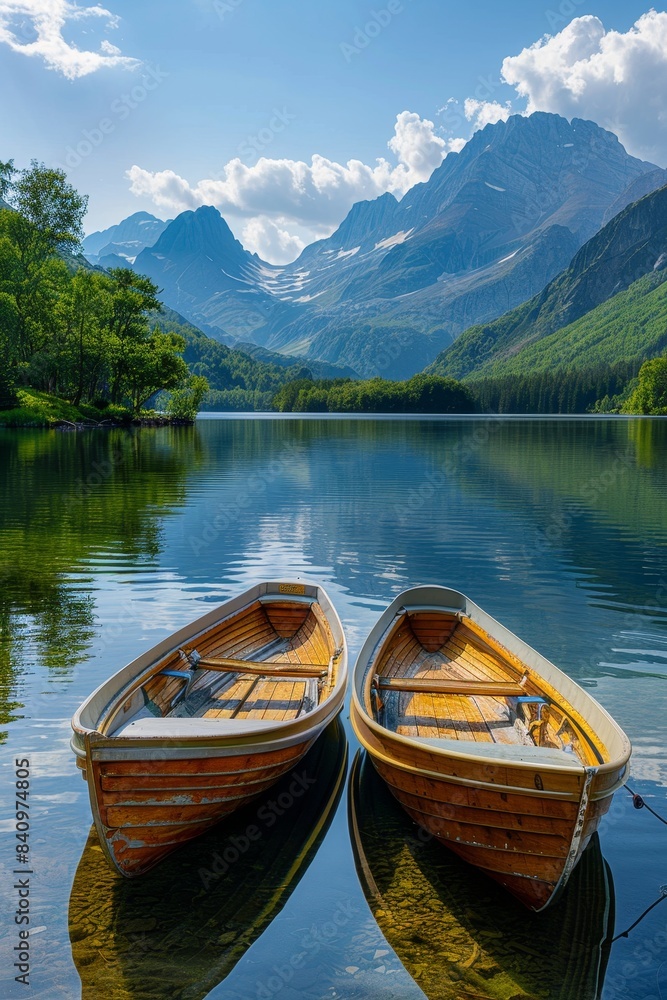 Obraz premium Serene Rowboats on Peaceful Lake with Majestic Mountain Range in Background