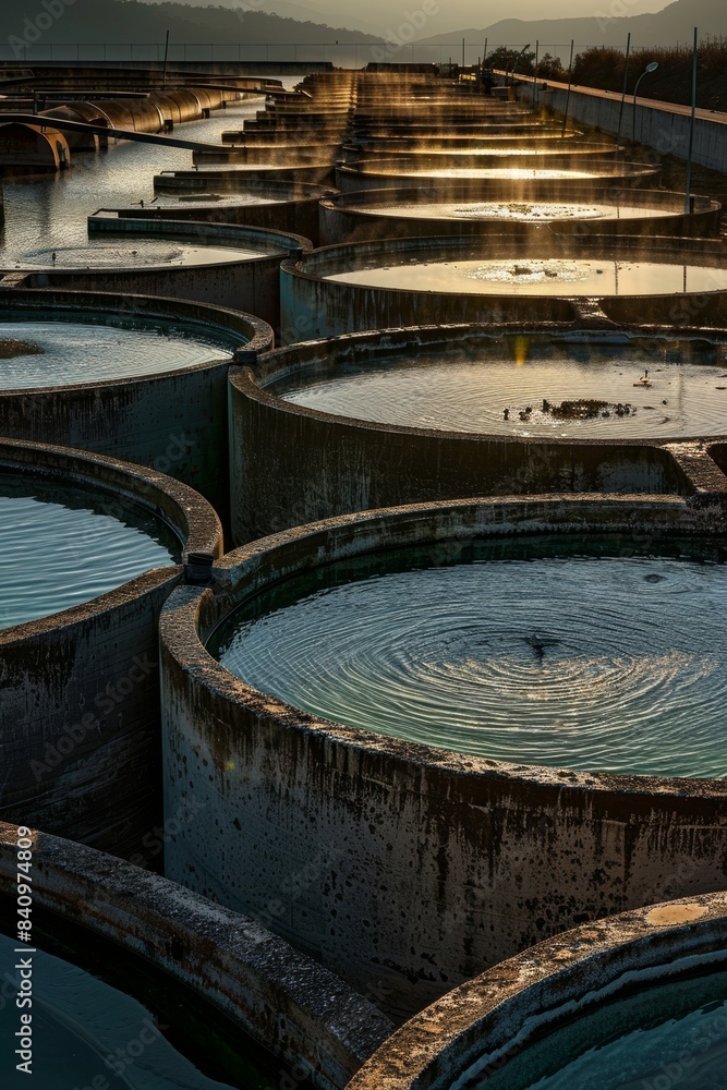 Illuminated Elegance: Morning Glow at Wastewater Treatment Plant Showcasing Water Purification Process Illuminated Elegance: Morning Glow at Wastewater Treatment Plant Showcasing Water Purification Process