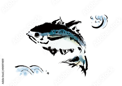 魚の鯵（アジ）の手書き和風筆イラスト素材