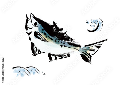 魚の鯵（アジ）の手書き和風筆イラスト素材