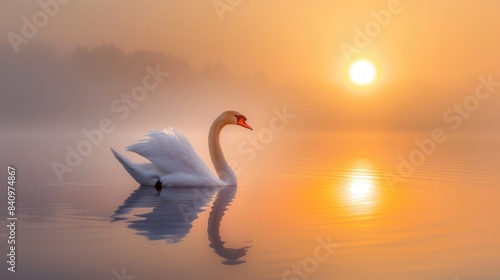 Fototapeta Naklejka Na Ścianę i Meble -  Solitary swan during sunrise