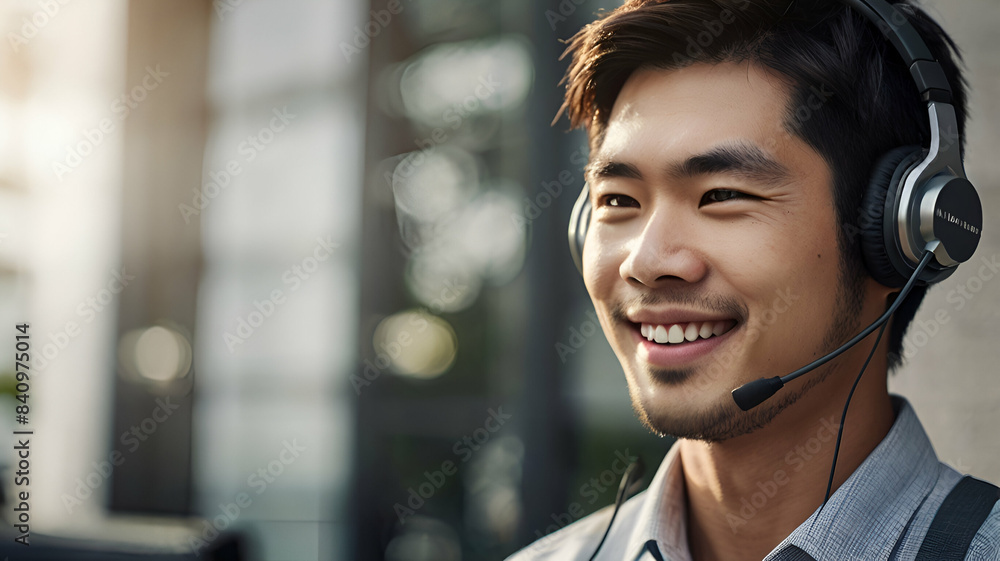 A photo of japanese male customer service operator with headset and smiling, with collegues at background. A photo of japanese male customer service operator with headset and smiling, with collegues at background.