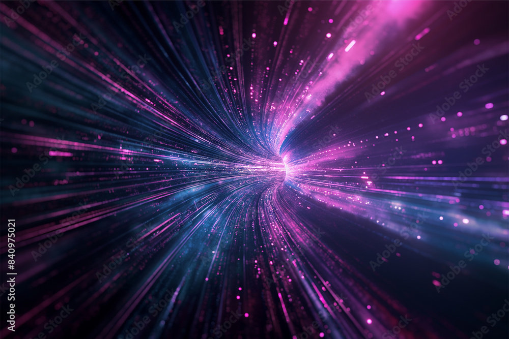 Blue purple light line through dark background, hyper speed warp in space Blue purple light line through dark background, hyper speed warp in space