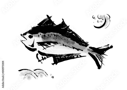 魚の鯵（アジ）の手書き和風筆イラスト素材