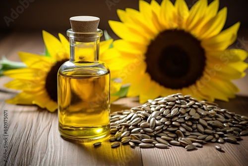 Sunflower oil in a glass bottle with sunflowers and seeds on a wooden table, showcasing natural beauty and healthy cooking ingredients.