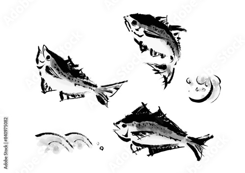 魚の鯵（アジ）の手書き和風筆イラスト素材セット