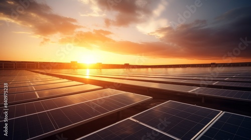 Sunset over a large solar panel farm generating renewable energy, illustrating sustainable technology and clean power solutions.