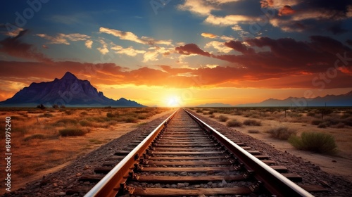 Sunset over desert landscape with railway tracks leading towards the horizon, clouds creating a dramatic sky, scenic view.