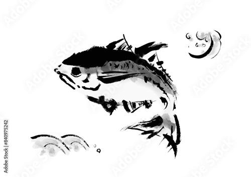 魚の鯵（アジ）の手書き和風筆イラスト素材