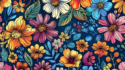 Seamless multi-colored flowers on a blue background, with varying degrees of drawing drawn 