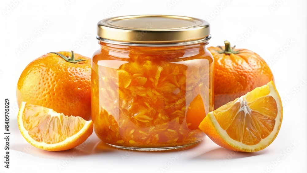 A jar of orange jam sits on a table with two oranges A jar of orange jam sits on a table with two oranges