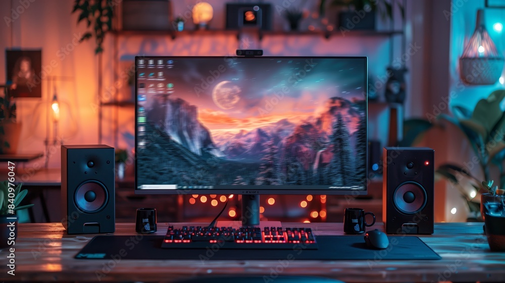 Fototapeta premium Desktop Computer on Wooden Desk Close Up