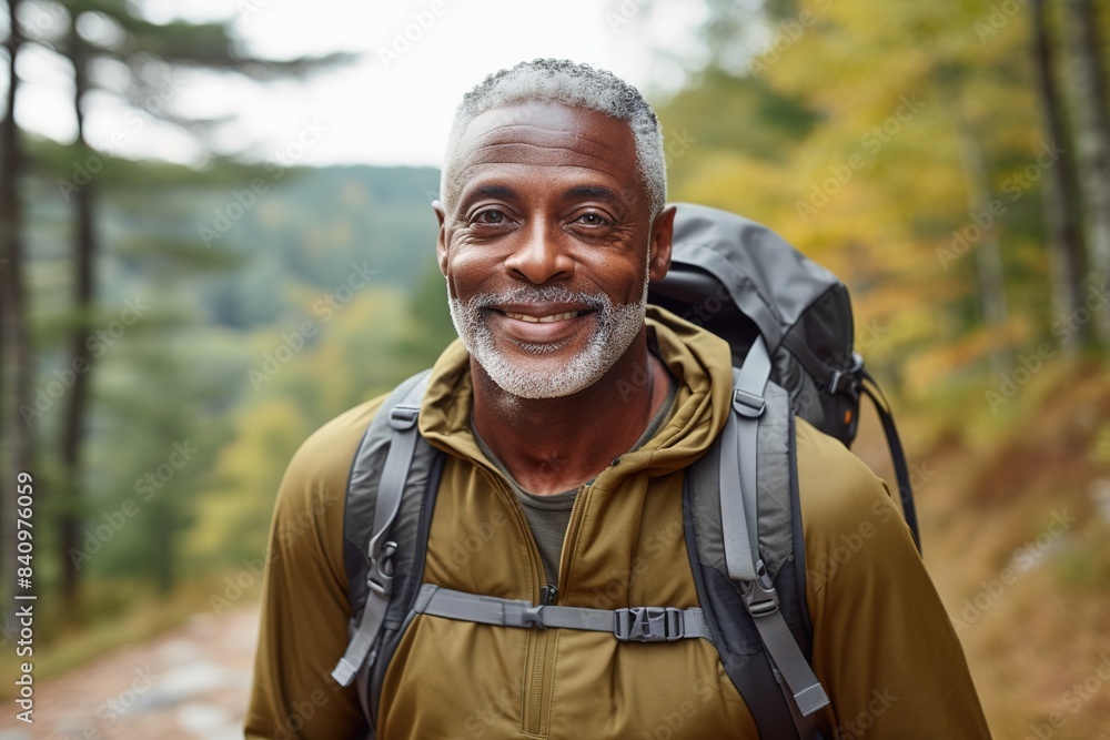 Portrait of a black man standing with a backpack on the background of a forest. exercise and fitness for wellness, a healthy lifestyle and a smile. a mature gentleman