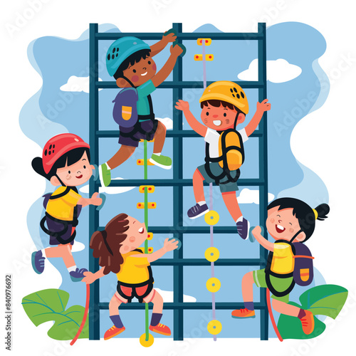 Diverse group children climbing outdoor playground equipment. Kids wearing safety harnesses helmets during recreational activity. Happy boys girls engaging climb jungle gym
