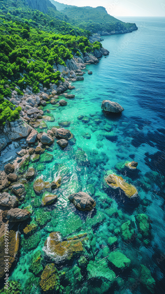 Fototapeta premium Create an aerial view image of a tranquil ocean shore where the clear turquoise waters created with Generative AI technology