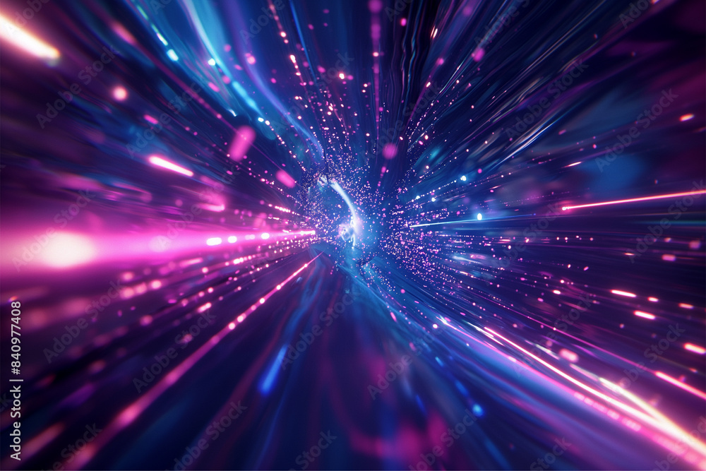 Fototapeta premium Blue purple light line through dark background, hyper speed warp in space
